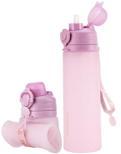 TakeToday Collapsible Water Bottles 21oz (600mL), Foldable Platinum Silicone Travel Water Bottle with Straw & Carry Strap, Leak-Resistant Screw Lid, Wide Mouth, BPA-Free for Hiking, Camping, Travel