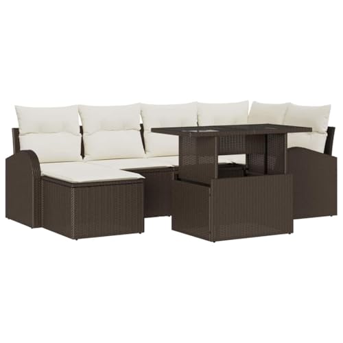 vidaXL Garten-Sofa-Set mit Kissen 7 pcs Braun und Creme, Garten und Terrasse, moderner Rattansofa-Set, UV-beständige Materialien, abnehmbare Kissen, Loungemöbel