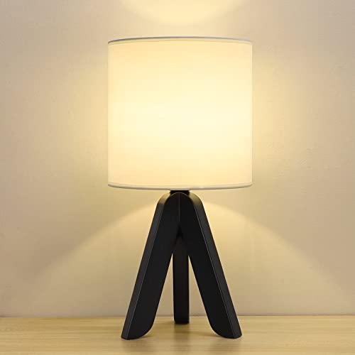 Image of HAITRAL Wooden Tripod Table Lamp with Black Base, Small Table Lamp Bedsides Lamp with Linen Fabric Shade, Nightstand Lamp Cute Night Lamp for Bedroom,Kids Room,Nursery,Dorm