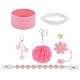 Accesorios para tazas, correa para botella de agua, abalorio, funda de silicona, tapa de popote de flores, diseño elegante de bola de felpa, protección a prueba de derrames, ideal para viajes, escuela