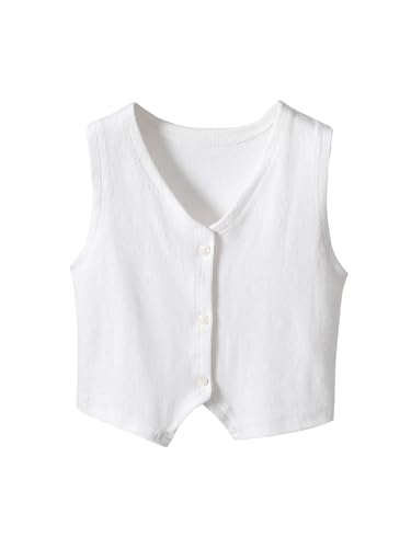 Ecolala Girls Tank Top V Neck Button Down Ribbed Knit Shirts Sleeveless Cardigan Vest Toddler White 3-4T
