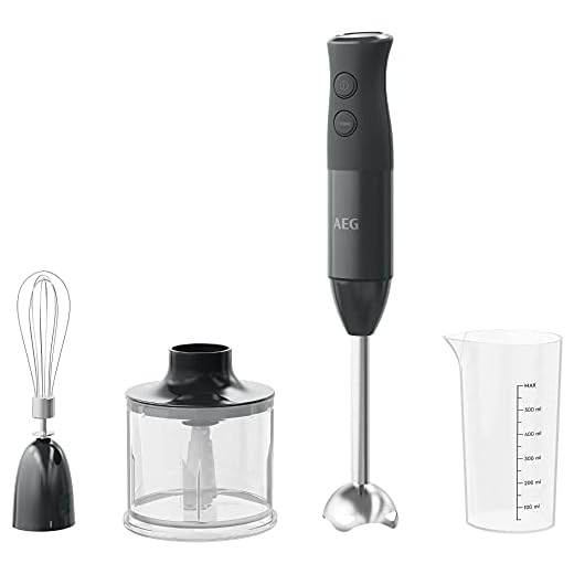 AEG HB4-1-6GG Batidora de Mano + Accesorios, Potencia 600W, 10 Velocidades, Función Turbo, Minipicadora, Brazo Batidor, Vaso Graduado 0.6L, Vaso apto Lavavajillas, Sin BPA, Negro