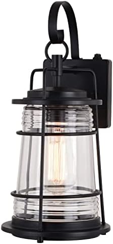 VAXCEL Montauk 15 in. H 1-Light Textured Black Dusk to Dawn Sensor Coastal Outdoor Wall Sconce, Durable Steel, Clear Glass Shade, LED Compatible for Exterior Porch Patio Front Door or Garage