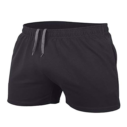 JEEING GEAR Men's Bodybuilding Workout Gym Shorts 3" Inseam Sports Cotton with Pocket Black Color Size M