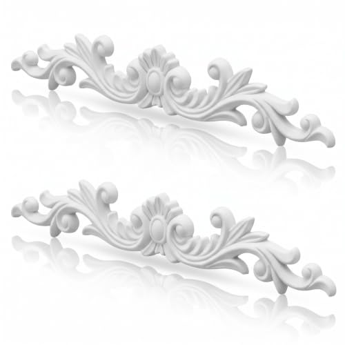 Roowest 2 Pcs Floral Scroll Appliques Onlays White PVC Appliques for Furniture Decorative 3D Roses Carved Onlay DIY Decorative for Cabinet Dresser Bed Door Wall Wardrobe Ceiling