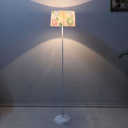 Image of tu casa White Metal-Iron Base Foldable Floor Lamps with Flowral Print & Satin Shade for Bedroom, Living Room, Lounge, Office Area, Gifting Without Bulb for Home Decoration (Height - 57 inch)