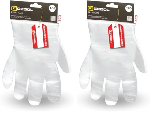 Gebol Praktimax, 100 Stück Einweghandschuhe, Plastik Schutzhandschuhe passend für linke und rechte Hand, wasserfest & durchsichtig, Kartonaufhängung für einfache Entnahme, Universalgröße