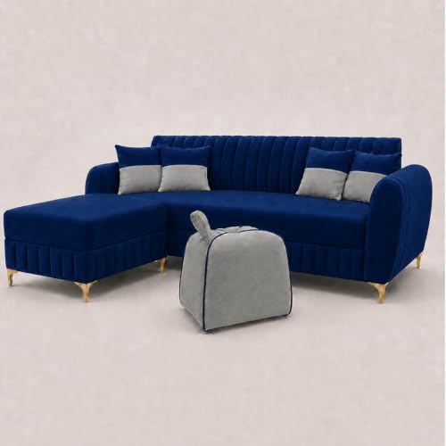 Image of CASASTYLE Signature Velour 4-Seater L-Shape Sofa Set with Movable Ottoman & Suri Pouf | Flexible LHS /RHS Layout | Boston Fabric | 40D Foam + Zigzag Spring | 3-Yr Warranty (Midnight Blue, Light Grey)