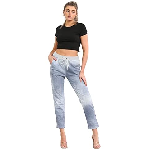 BESTITALIANUK Ladies Italian Turn Up Trousers Women's Floral Rose Printed Summer Beach Pants (Plus (16-22), Plain Light Denim) Cover