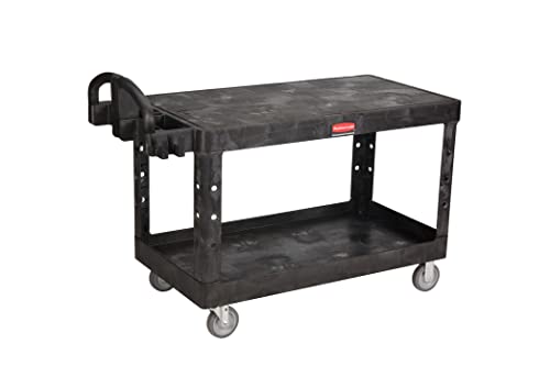 Image of Rubbermaid Commercial Products 2-Shelf Utility /Service Cart, Large, Black, Flat Shelves, Ergonomic Handle, for Warehouse /Garage /Cleaning /Manufacturing