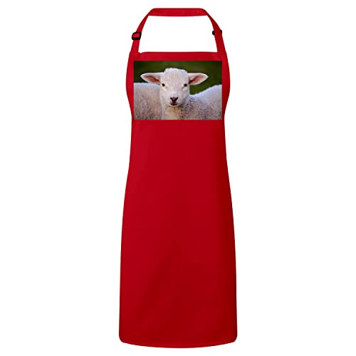 Tablier cuisine premium rouge motif agneau et mouton mignon en prairie