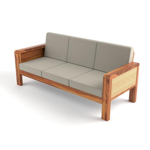 Image of Sheesham Wooden 3 Seater Sofa for Living Room | Solid Wood Sofa with Cane Side Panel | Rosewood Sofa Set for Home & Office | Lounge (Honey Finish, 3 Seater)