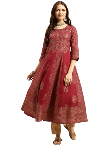 Image of rangita Teal Rayon Calf Length Embroidered Anarkali Kurti for Women | Kurta for Women
