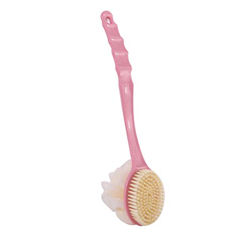 Shower Body Brush with Bristles and Loofah,Back Scrubber Bath Mesh Sponge with Curved Long Handle for Skin Exfoliating Bath, Massage Bristles Suitable for Wet or Dry, Men and Women (34X6.7cm, Pink)