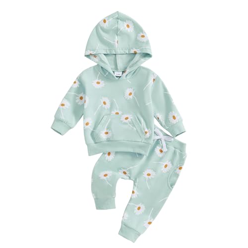 Loalirando - Loalirando Ensemble Fleurie Bébé Fille de 2 Pièces, Sweat-Shirt à Manches Longues avec Capuche + Pantalon Taille Elastique (3 Mois à 3 Ans) (Vert, 18-24 Months)