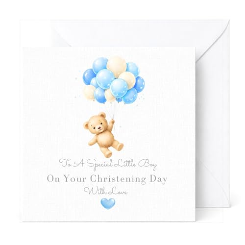 Christening Card for Boys Teddy Bear with Blue and Cream Balloons Baptism or Naming Day Card for Baby Boy Grandson Godson
