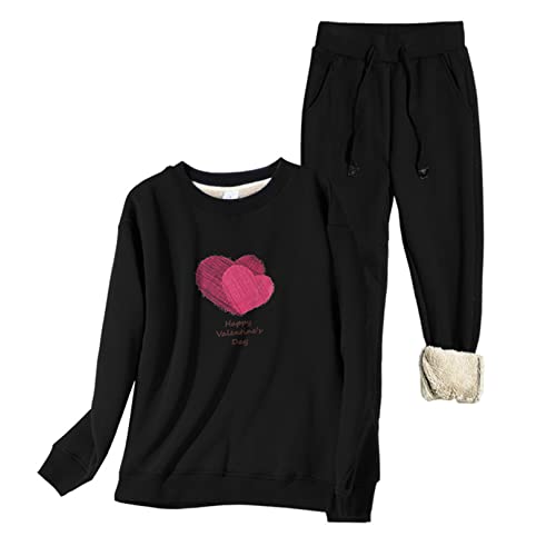 Traje De 2 Piezas para Mujer, Chándales Deportivos De Invierno De Manga Larga, Sudadera Gruesa De Salón Y Pantalón De Chándal Cálido,Negro,XL Cover