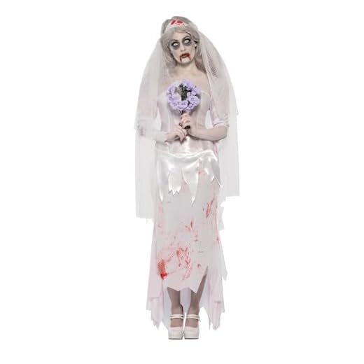 Smiffys-23295M Halloween Disfraz de novia zombi hasta que la muerte nos separe, con vestido, velo y ramo, Blanco, M