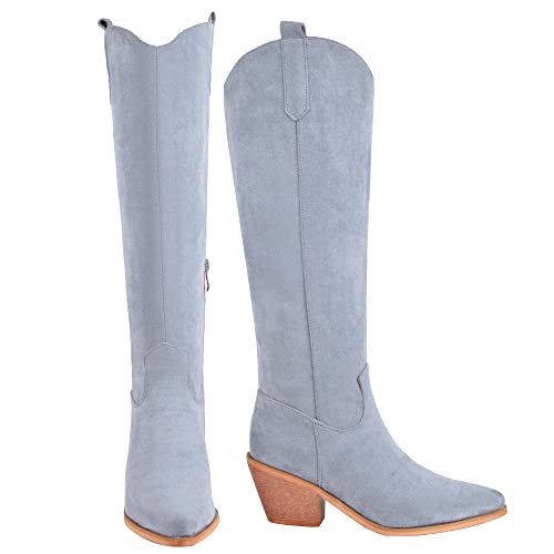 Image of Reitoye Cowboy Boots Women Knee High Cowgirl Embroidered Chunky Heel Boots | Block Chunky Heel,Pointed Toe,Half Side Zipper & Pull Tab,Embroidered Tall Boots,Fall Summer Spring Winter Dress Long Boots