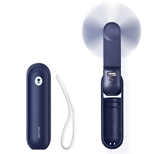 JISULIFE Handventilator, Mini Tragbarer Handventilator, Batteriebetrieben [14-21 Stunden], Wiederaufladbarer, Faltbarer USB-Lüfter, Leiser Persönlicher Ventilator mit Powerbank, Taschenlampe - Blau