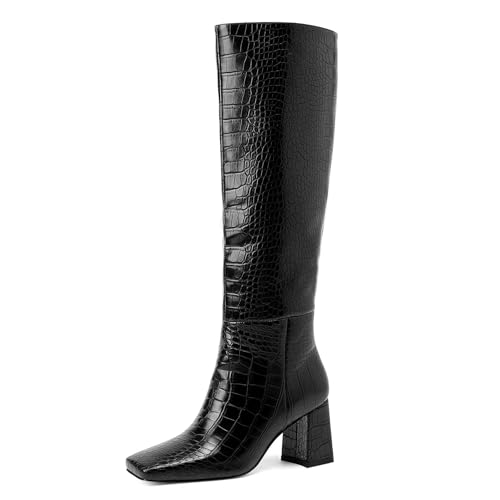 GOSERCE Women's Black Knee High Square Toe Chunky Heel Faux Crocodile Boots