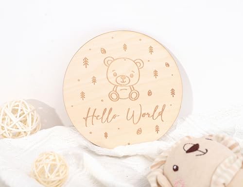 Image of Wooden Hello World Birth Announcement Sign - Teddy Bear Theme Baby Welcome Card for Newborn, Wood Birth Announcement Discs, Wooden Baby Cards First Year, Baby Shower Gift, Gift for Newborn