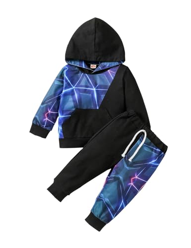Image of GiHaood Toddler Baby Boys Clothes Dinosaur Print Long Sleeve Hoodies + Long Pants 2PCS Spring Outfits Set Blue Black 12-18months