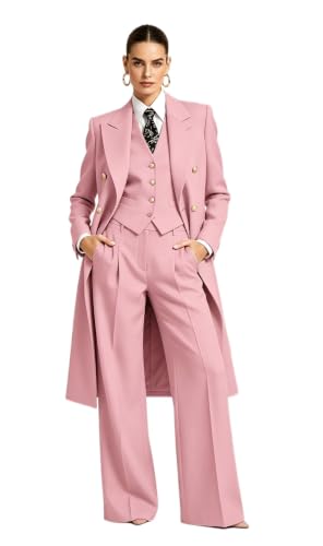 Women 3 Piece Long Blazer Vest Wide Leg Pantsuit Formal Wedding Suit Pink
