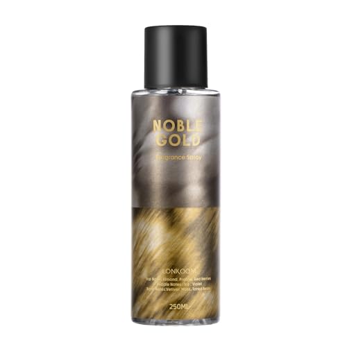 Lonkoom Noble Gold Body Mist for Women, 8.4 fl oz/250ml Body and Hair Fragrance Spray Long-Lasting, Oriental Floral Notes of Almond, Praline, Red Berries, Iris, Violet, Vetiver, Moss, Tonka Bean