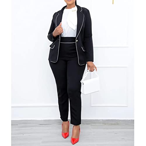 Women's Two Piece Solid Single-Breasted Long Sleeve Blazer And Elastic Waist Pant Set Suit Black Xl #TOP2