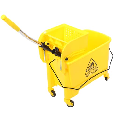 UKCOCO Cubo de Fregona Comercial con Ruedas y Prensa Lateral Cubo Exprimidor de Plástico Resistente para Limpieza Profesional y Doméstica Color Amarillo Visible Color
