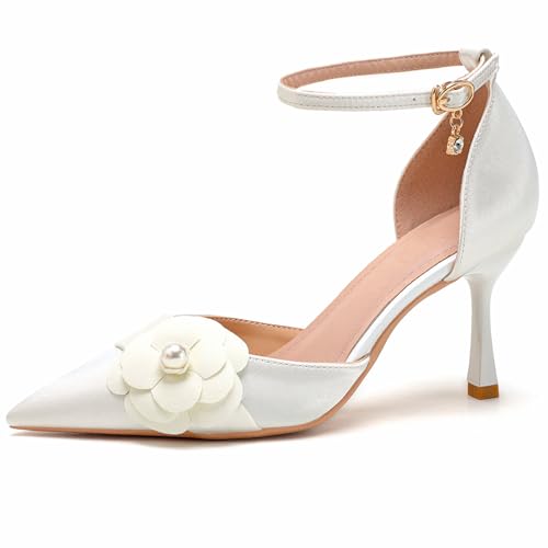 Escarpins de mariage blanc satin bride cheville fleur perle et bout pointu de soirée
