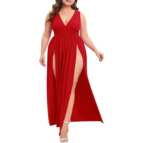 Image of SILUI Women's Summer 2026 Sexy Double High Slit Deep V Neck Plus Size Sundresses Thigh Split Maxi Club Party Dresses