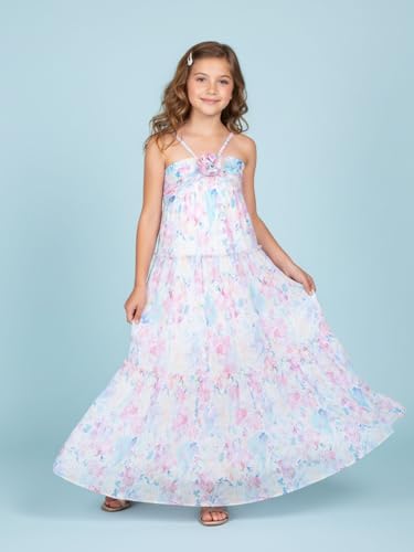 WELAKEN Kid Girls' Floral Dress Flowy Summer Chiffon Spaghetti Straps Ruffle Sundress2