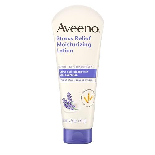 Aveeno Stress Relief Moisturizing Body Lotion with Prebiotic Oat & Lavender Scent for Sensitive Skin Calms & Relaxes with 48 Hour Hydration Non-Greasy Travel Size 2.5 oz