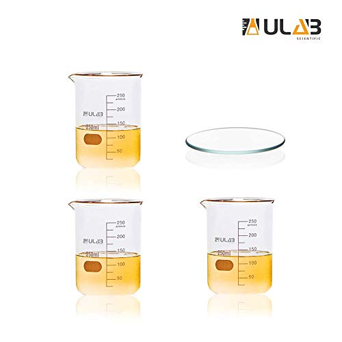ULAB Scientific Glass Beaker 8.5 oz with Watch Glass Offered, Vol. 250ml, 3.3