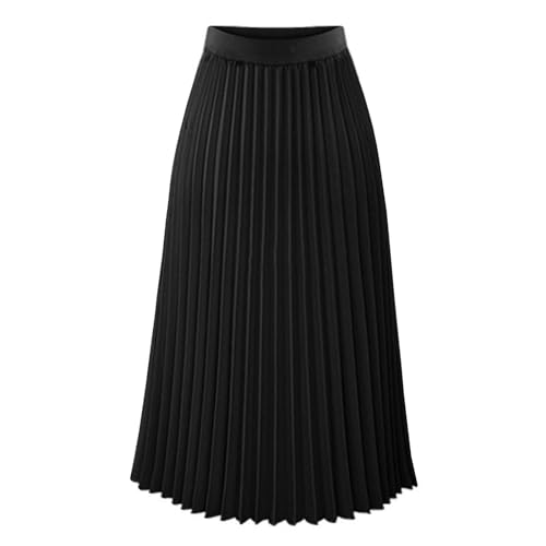 KUIH Skirts for Women UK Elegant Chiffon Pleated Midi Skirt Elasticated Waist Ladies Flowy A Line Skirts for Beach, Party, Holiday Black
