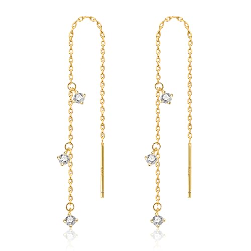 925 Sterling Silver 14K Gold Plated Chain Dangle Earrings, ALEXCRAFT Tassel Dangling Long Drop Earring for Trendy Women Fringe Earings Cubic Zirconia Hypoallergenic
