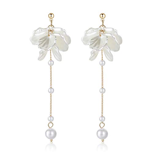 KRUCKEL White Pressed Flower Dangle Earrings | Golden Studs with Pearl like Drops | Hypoallergenic, Lightweight Jewelry for Women | Sparkle at Weddings, Birthdays, Christmas, Everyday