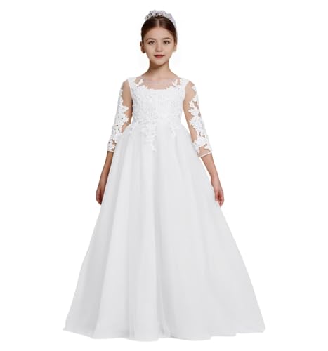 Lace Applique Flower Girl Dress for Wedding Junior Bridesmaid First Communion Dress for Kids Pageant Party Gown