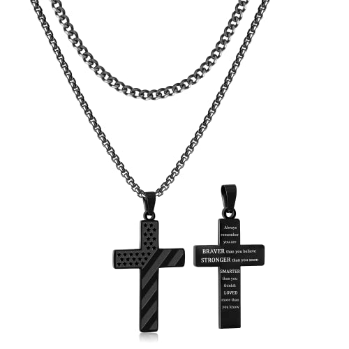 TICVRSS Black Cross Necklace for Men Layered Bible Verse Pendant 316L Stainless Steel American Flag Necklaces for Men Boys 16/18+2in Always Remembe