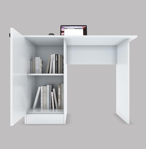 Image of CREATIVE QUBE 55 * 120 * 75 CM Engineered Wood Office Desk with Closed Cabinet & Storage Shelves for Storing Books, Stationery | Tabloft Executive Table for Office | 1 Year Warranty- Everest White