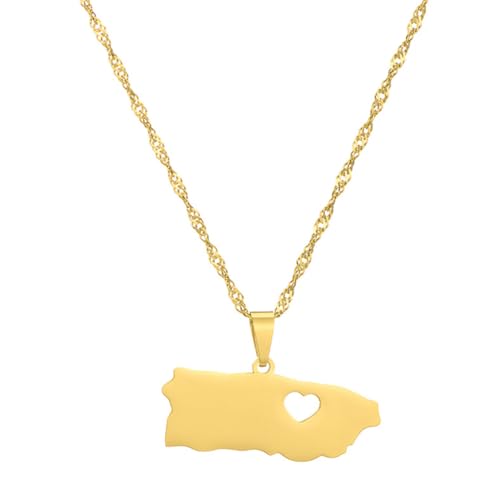 Puerto Rico Map Pendant Necklaces Stainless Steel PR Puerto Ricans Heart Map Jewelry Gifts (Gold)