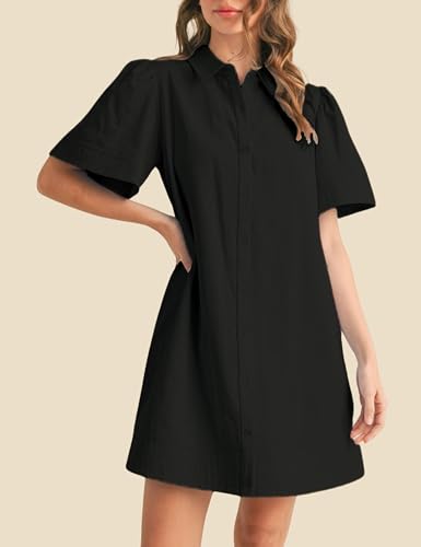 Image of Womens Short Sleeve Button Down Mini Shirt Dress Lapel Collar Short Dresses with Pocket
