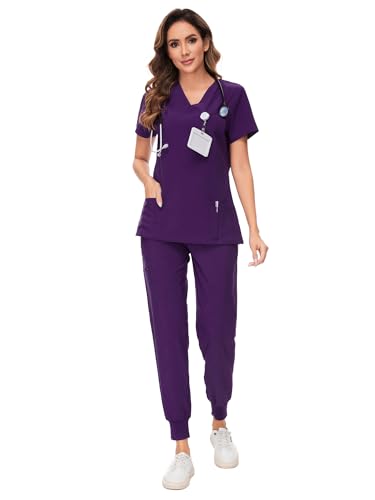 COZYFIT Scrubs for Women Set - Stretch V-Neck Scrub Top & Jogger Pant with 8 Pockets Yoga Waistband Anti Wrinkle Slim Fit Women Scrubs
