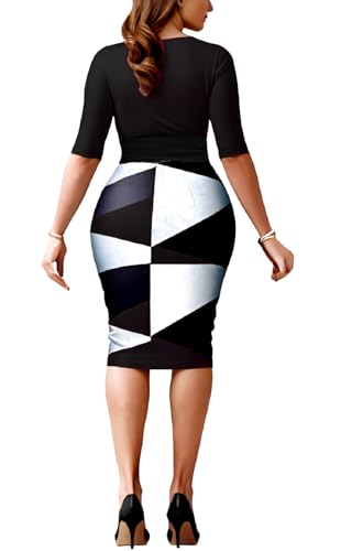Image of CaniBtr Bodycon Dresses for Women Printed Midi Pencil Work Dress with Belt | Geometric print work dresses for women with belt,lightweight stretch soft fabric,slim midi pencil fit for office,business