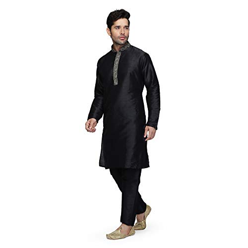 Kurta de mezcla de seda negro corte cómodo para caballero 4