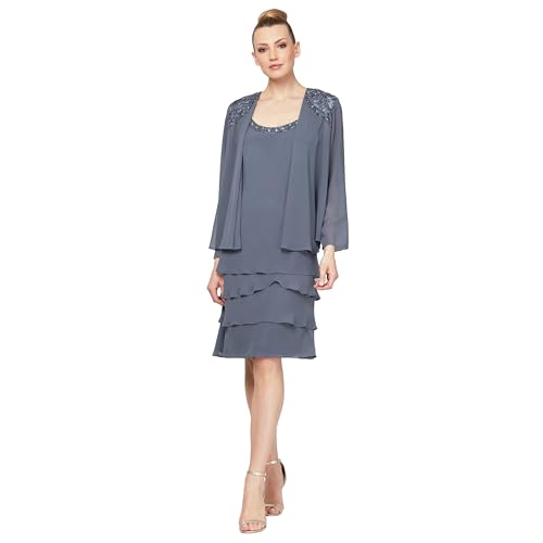 Image of S.L. Fashions Women's Mother of The Bride Tiered Jacket Dress with Shoulder Embellishment