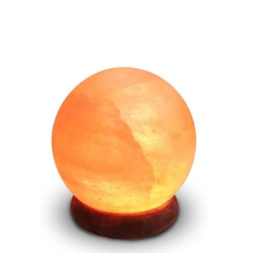 Lámpara USB de cristal de sal de Himalaya natural esfera – 100% auténtica – tallado a mano – base de madera – cable eléctrico USB suministrado – aprox. 500 g – Zen'Light, naranja