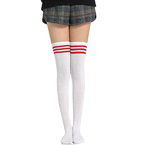 Calze Sexy Calzini a Righe Nere Donna Divertenti Calze Lunghe di Nylon Alte alla Coscia Calze Carine sopra Il Ginocchio (Rosso (Striscia Bianca) Taglia Unica)